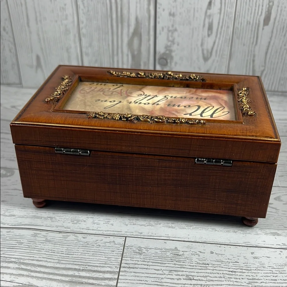 Vintage Wooden Musical Jewelry Box w/Gold Accents - Plays Wind Beneath My Wings